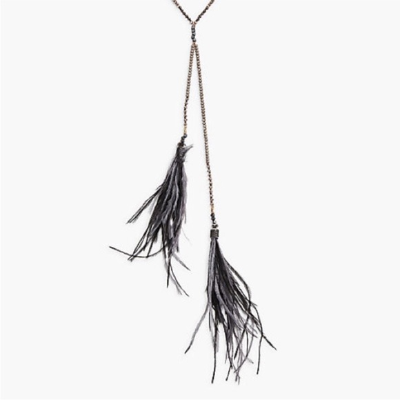 LUCKY BRAND Gray/Black Feather & Czech Crystal Lariat Necklace - Picture 3 of 7